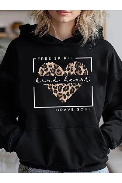 JENOLAN Women's Free Spirit Printed Hooded Gray Black Sweatshirt Oversize Loose
