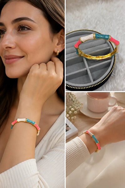 Bozhi Colorful Patterned Gold Color Modern Handcuff Bracelet Gold Stylish Gif...