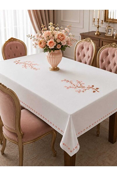 BAŞ TASARIM Cherry Blossom Embroidered Cream Color Tablecloth for 8 People