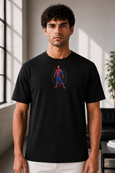 Unisex Oversize Nakışlı Üçlü Spider-Man Tasarım %100 Pamuklu T-shirt