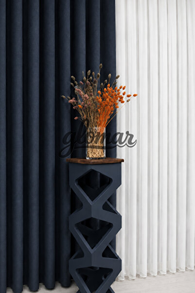 GLOMAR Linen Blackout Navy Blue Background Curtain Blackout Plain Without Pleats Ultra Dense Linen Lightproof with Cornice