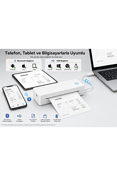Zjiang A401 Termal A4 Taşınabilir Yazıcı, Beyaz, 300 Dpi, Bluetooth Kablosuz,...