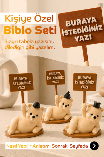 Decoroom Kişiye Özel Ayıcık Figürü Biblo Seti 3lü Kahve Köşesi Aksesuarları M...