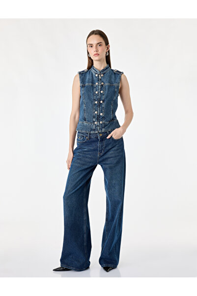 Koton Pamuklu Cepli Yuvarlak Yaka Kolsuz Denim Military Yelek