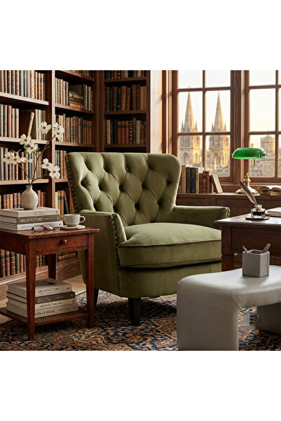 homejoyz كرسي بذراعين مخمل وخشب سويدي - 85×90×85 سم - زيتوني