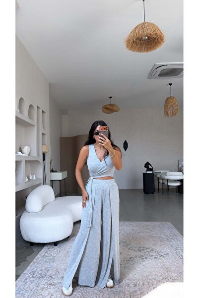 Buket Teke Gray Sleeveless Double-Breasted Blouse and Trousers Set