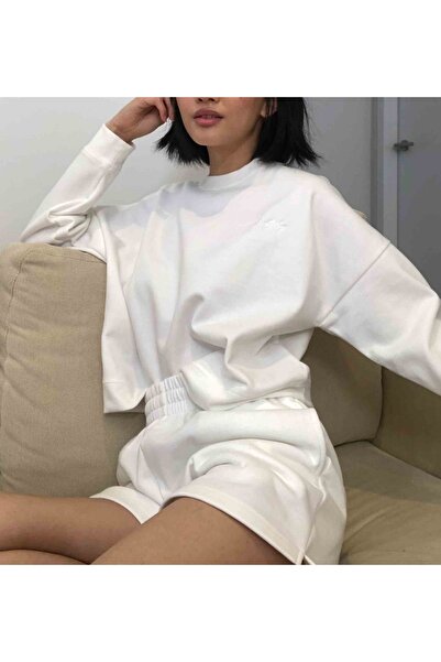 Kadın Ekru Yüksek Bel Lastikli Sweat Şort Rahat Kalıp Örme Mini Şort