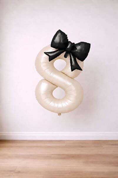 Patladı Gitti Black Bow & Cream 8 Number Foil Balloon Set