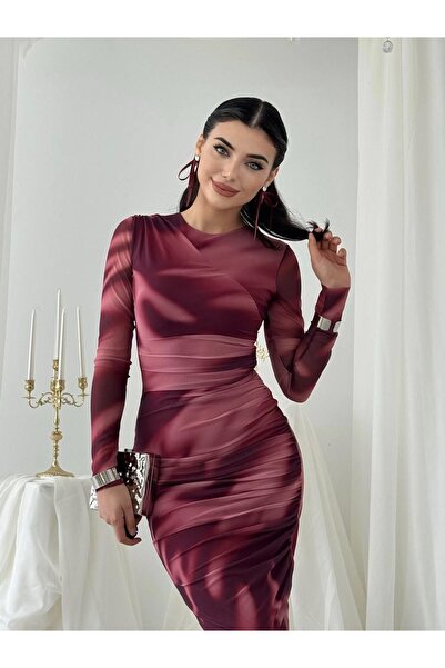 Moda Days فستان سهرة نسائي متوسط الطول بياقة دائرية وأكمام طويلة باللون العنابي