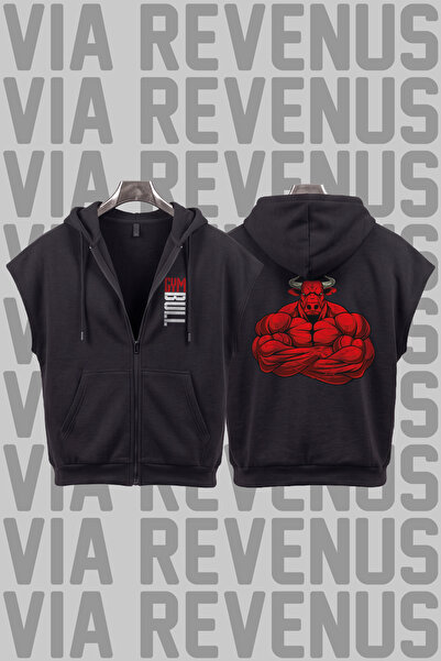 Vordevia Gym Bull Printed Sleeveless Zippered Hooded Sweatshirt Wide Fit 3 Th...
