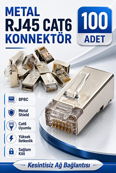 nelerbulurum 100 Adet Metal RJ45 Cat6 Konnektör 8P8C Metal Korumalı Ethernet ...