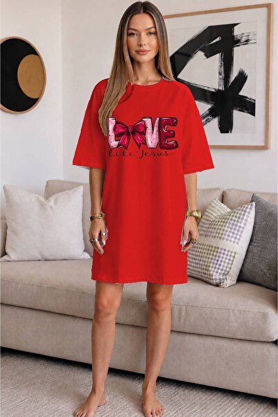 JANTIL MODA Crew Neck Red Bow and "Love" Written Extra Long Oversize Tunic T-...