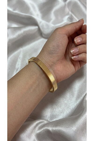 Bymiel Gold Striped Patterned Steel Handcuff Bracelet – Women's 316L Stainles...