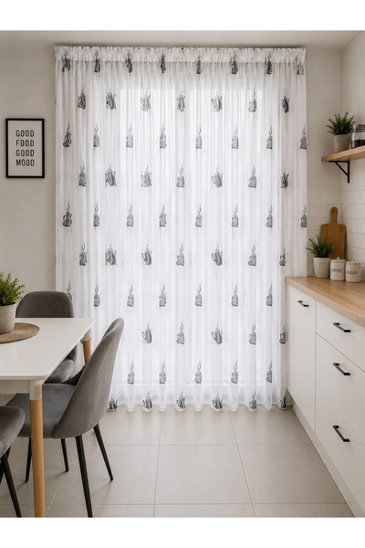 Liz Line Perdea brodata mecanic pentru bucatarie, culoare alb/negru, cu rejan...