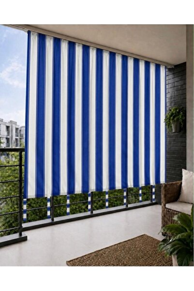 DEVRİM OLİVYA TEKSTİL Mavi Beyaz Kornişli Balkon Perdesi Bağcıklı, Rüzgara ve...