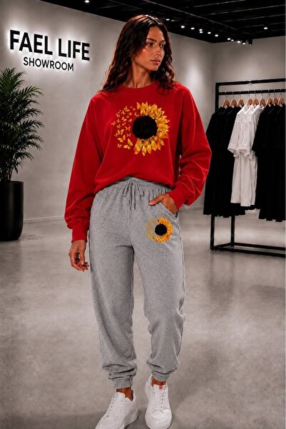 FAEL LİFE Unisex Wide Cut Zero Neckline and Sweatpants Moonflower Printed Set