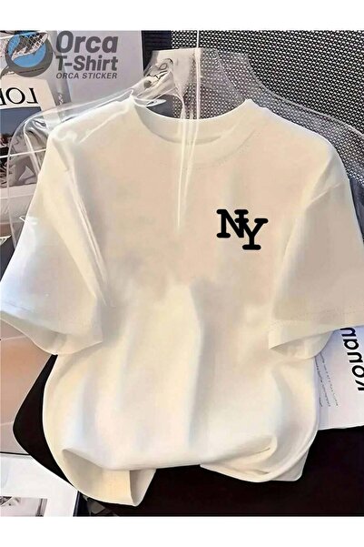 9JY Fashionable White Crew Neck T-Shirt With Black 'NY' Logo - Short Sleeve C...
