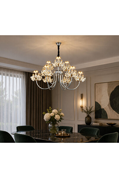 RFAN Candelabru LED RFAN, Model 3531-6+3, Textură de cristal, Metal, 36W, Arg...