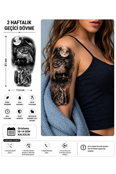 medink tattoo Gerçekçi Kurt ve Dolunay Model Geçici Kol Bacak Geçici Sticker ...