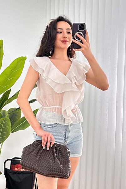 Clothes Fast Bluză țesută fără mâneci, cu decolteu în V, cu volane și talie e...