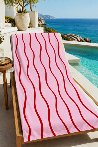 Evmila Minimal Pink Wavy Vertical Line Patterned 70X150 Beach Towel - Digital...