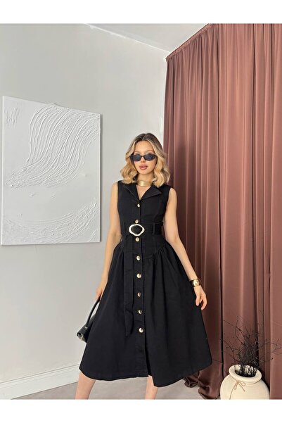 Moda Days Women's Black Sleeveless Denim Midi Dress Shirt Collar Belted Butto...