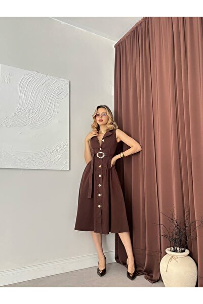 Moda Days Women Coffee Sleeveless Denim Midi Dress Shirt Collar Belted Button...