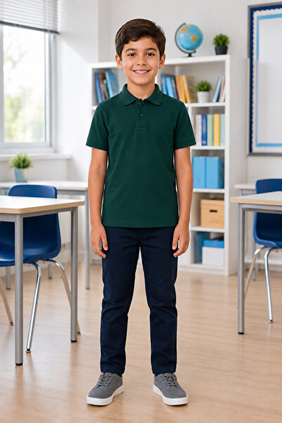 QKK Children's Unisex Dark Green Short Sleeve Polo Collar School T-Shirt 100%...