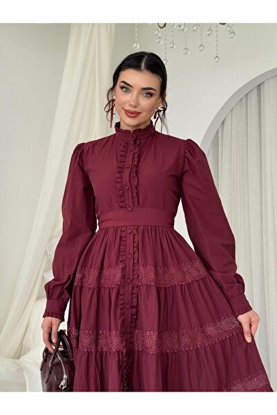 Moda Days Women's Burgundy Midi Dress with High Collar, Ruffle Detail, Belted...