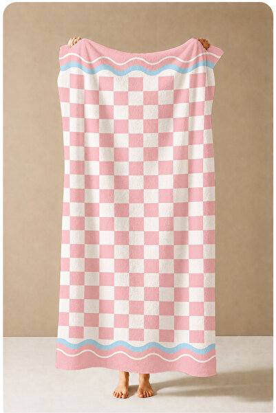 Evmila Retro Pink and White Checkered Border Patterned 70X150 Beach Towel - D...