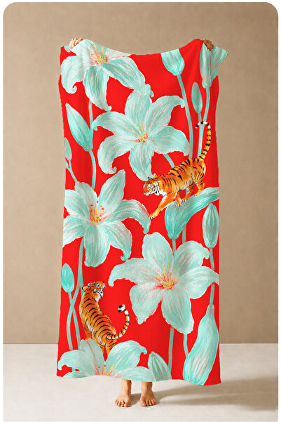 Evmila Maximalist Tiger and Turquoise Floral Pattern 70X150 Beach Towel - Dig...
