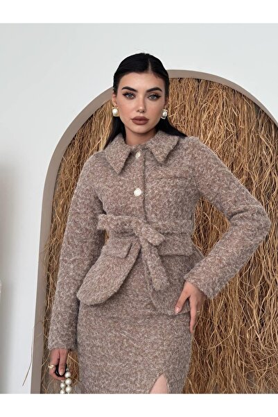 Clothes Fast Women's Mink Skirt Suit, Textured Cashmere Belted Jacket, Slit M...