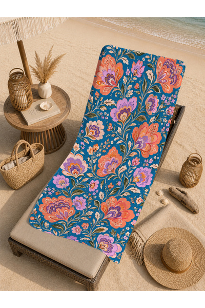Evmila Prosop de plajă 70x150 cu model floral, albastru marin și portocaliu, ...