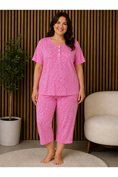 BALİS PİJAMA Women's Patterned Cotton Plus Size Button-Down Collar Capri Paja...