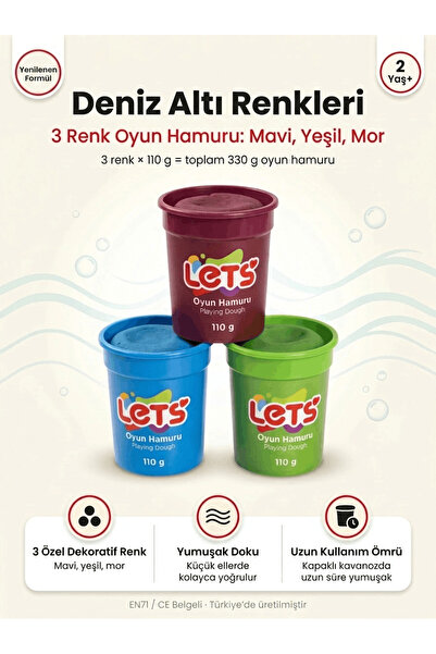 Lets Oyun Hamuru Seti 3'lü – Deniz Altı Renkleri Let's