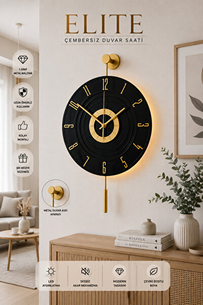 MetaQuartz Aksesuar Kardeln [ GOLD SİYAH ] LEDLİ 12 - 24 duvar saati