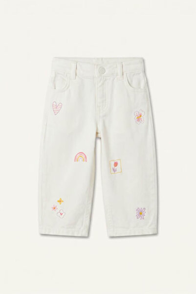 DeFacto Baggy Fit Embroidered White Baby Girl Pants H9302A5/Er105