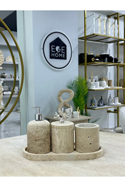 ege gross Decorative Travertine Natural 4-Piece Bathroom Set with Silver Details