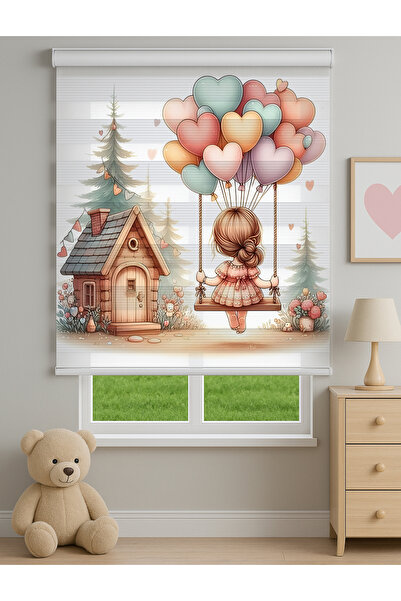 Home Kalpler ve Balonlu Kız Çocuğu Odası Dijital Baskılı Zebra Stor Perde