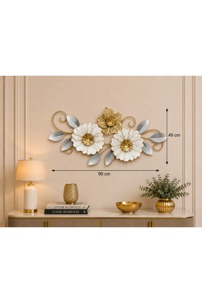 Hinora Home Dekoratif Metal Duvar Panosu Beyaz Gold Çiçek Desenli Modern Salo...