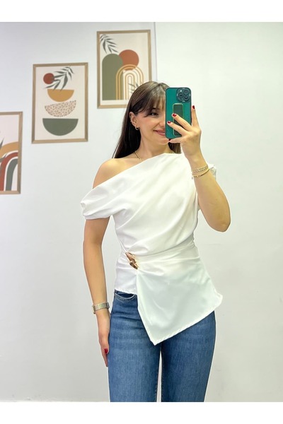 bydenizcollection Boat Neck Asymmetrical Cut Blouse with Draped Waist and Acc...