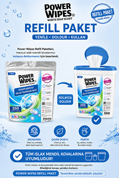 Power Wipes Fresh Scented Wet Bucket Wipes 250 Sheets Refill Spare Pack Multi...