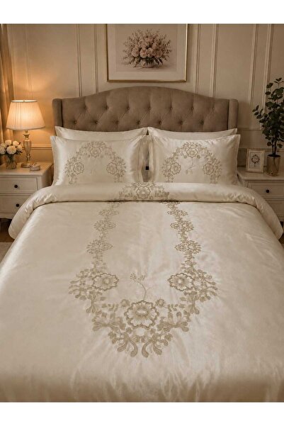 BAŞ TASARIM Gold Sim Middle Belly Pattern Embroidered Cream Color Duvet Cover...