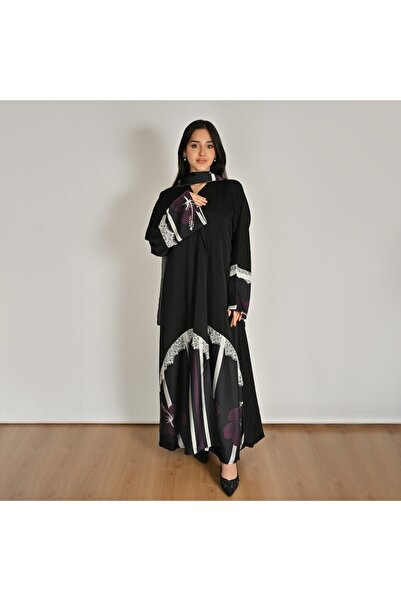 HAWRAA ABAYA Black Wrap Abaya with Silk Fabric Overlay and White Lace Embelli...