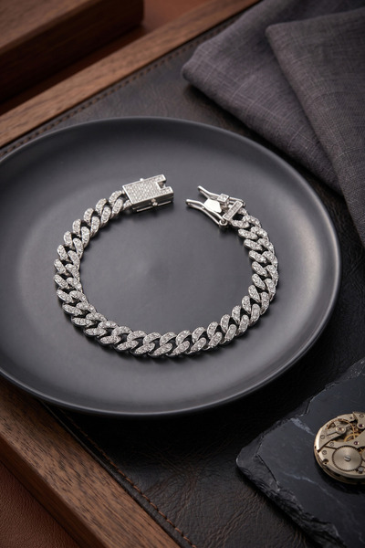 Marsilyan Silver Color Zircon Stone Cuban Chain Model Clip Closure Men's Brac...