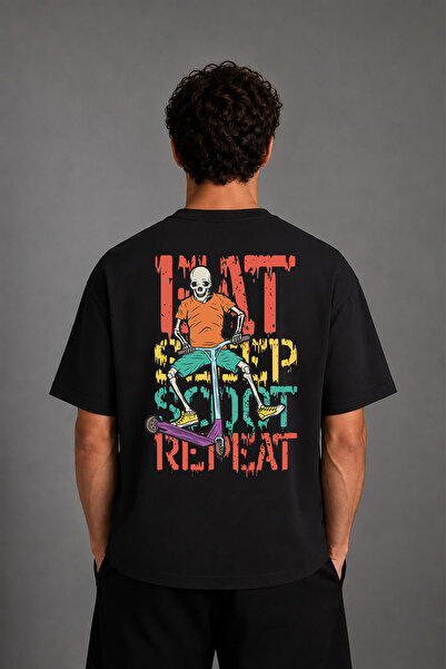 VSRN Tricou negru oversize cu imprimeu pe spate Eat Sleep Tasarım