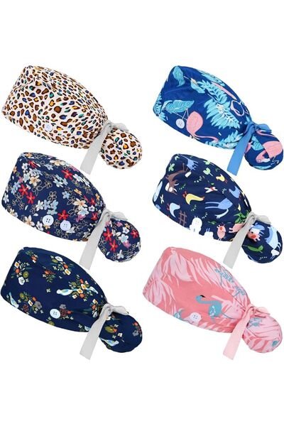 Honoson 6 Pcs Scrub Caps Women Nursing Hats With Buttons Adjustable Bouffant ...