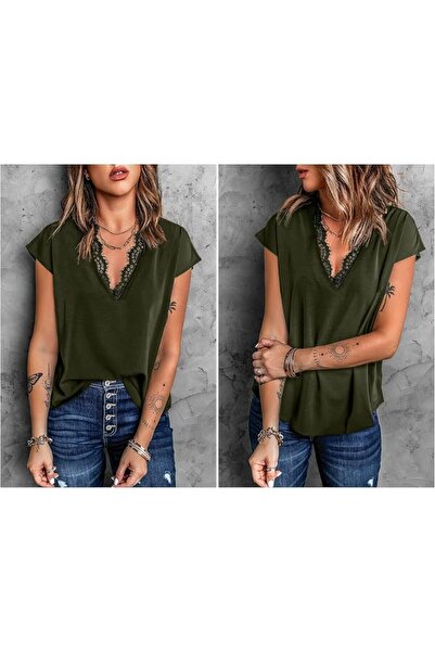 Limeart lime flare Dressy Eyelash Lace Trim Shirt Short Sleeve Blouse