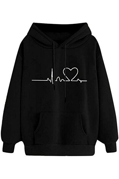 GENERAL Women Oversized Hoodies Heart Print Casual Sweatshirts Solid Colour H...