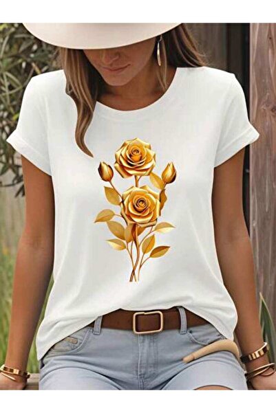 23ERVA Golden Rose, Women's Floral Design, Pure Cotton T-Shirt, Summer Wear, ...